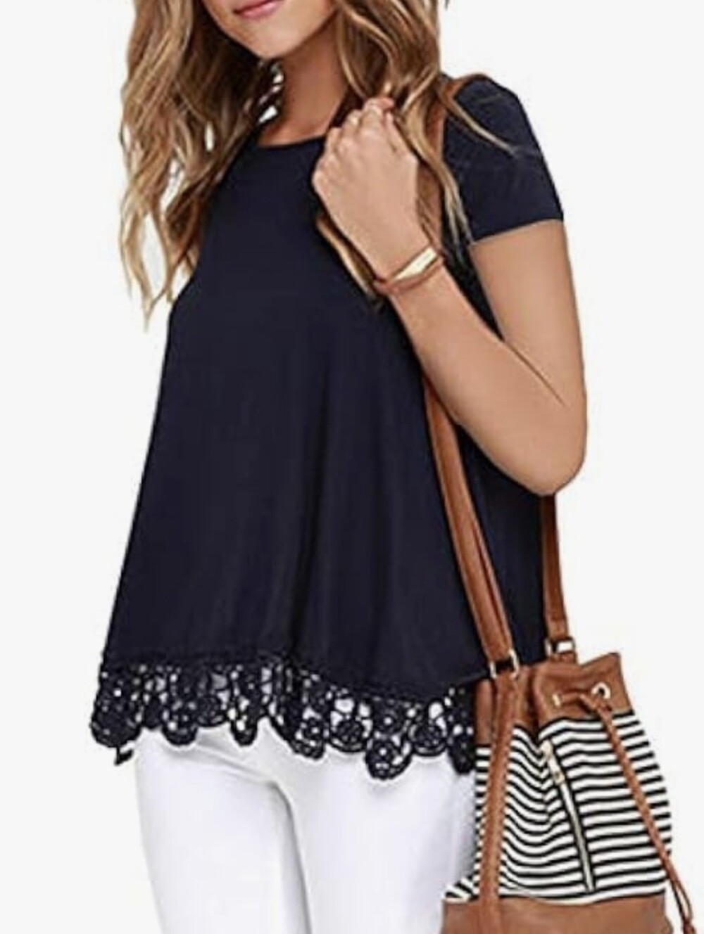 NEW / NWT Navy Short Sleeve Tunic with Lace Crochet Hem
